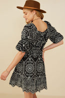 HY8908 Black Womens Eyelet Embroidered Puff Sleeve Scallop Hem Dress Detail