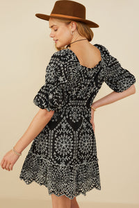 HY8908 Black Womens Eyelet Embroidered Puff Sleeve Scallop Hem Dress Detail
