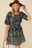 HY8908 Black Womens Eyelet Embroidered Puff Sleeve Scallop Hem Dress Back