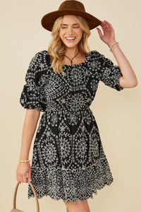 HY8908 Black Womens Eyelet Embroidered Puff Sleeve Scallop Hem Dress Back