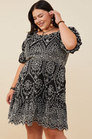 HY8908 Black Womens Eyelet Embroidered Puff Sleeve Scallop Hem Dress Pose