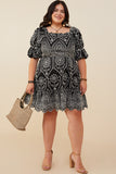 HY8908 Black Womens Eyelet Embroidered Puff Sleeve Scallop Hem Dress Front