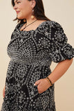 HY8908W Black Plus Eyelet Embroidered Puff Sleeve Scallop Hem Dress Gif