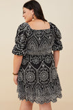 HY8908W Black Plus Eyelet Embroidered Puff Sleeve Scallop Hem Dress Full Body