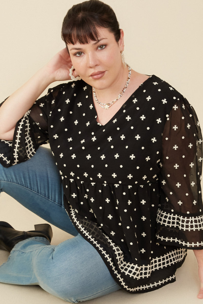 Tulip Sleeve Embroidered Border Top