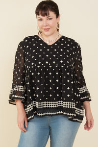 HY8910W Black Plus Tulip Sleeve Embroidered Border Top Side