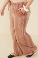 HY8917 Brown Womens Wide Leg Drawstring Waist Washed Tencel Pants Back