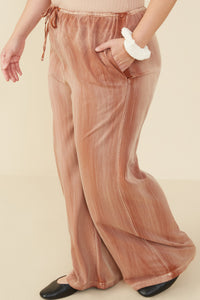 HY8917 Brown Womens Wide Leg Drawstring Waist Washed Tencel Pants Back