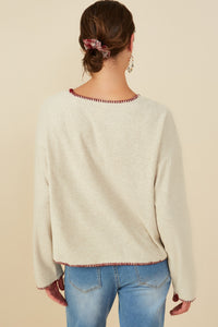 HY8921 Oatmeal Womens Brushed Contrast Stitch Long Sleeve Knit T Shirt Pose