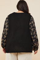 HY8935W Black Plus Bow Print Contrast Puff Sleeve Mix Media Top Full Body