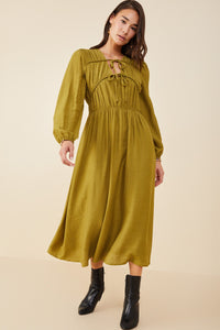 HY8944 Olive Womens Double Tie Detail Long Sleeve Dress Full Body