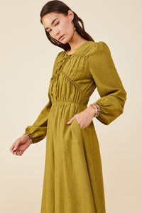 HY8944 Olive Womens Double Tie Detail Long Sleeve Dress Front
