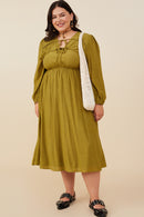 HY8944W Olive Plus Double Tie Detail Long Sleeve Dress Full Body