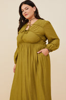 HY8944 Olive Womens Double Tie Detail Long Sleeve Dress Back