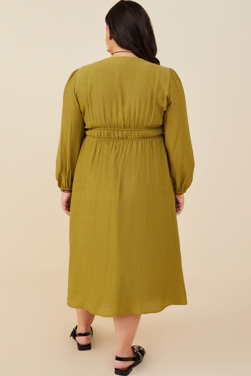 HY8944W Olive Plus Double Tie Detail Long Sleeve Dress Gif