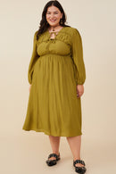 HY8944W Olive Plus Double Tie Detail Long Sleeve Dress Front