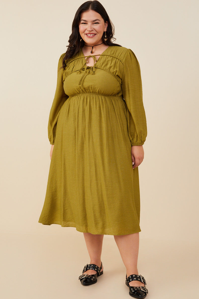 HY8944W Olive Plus Double Tie Detail Long Sleeve Dress Front