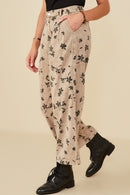 HY8950 Mocha Womens Floral Printed Washed Wide Leg Pants Gif