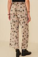 HY8950 Mocha Womens Floral Printed Washed Wide Leg Pants Side