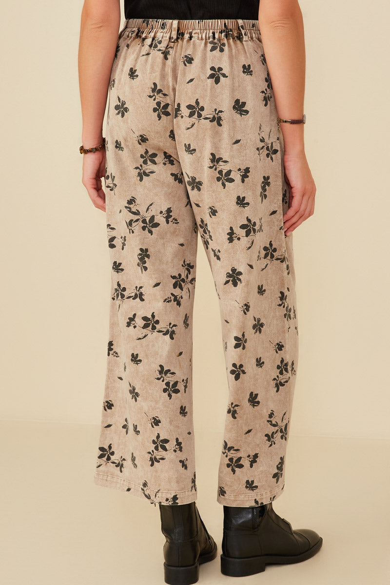 HY8950 Mocha Womens Floral Printed Washed Wide Leg Pants Side