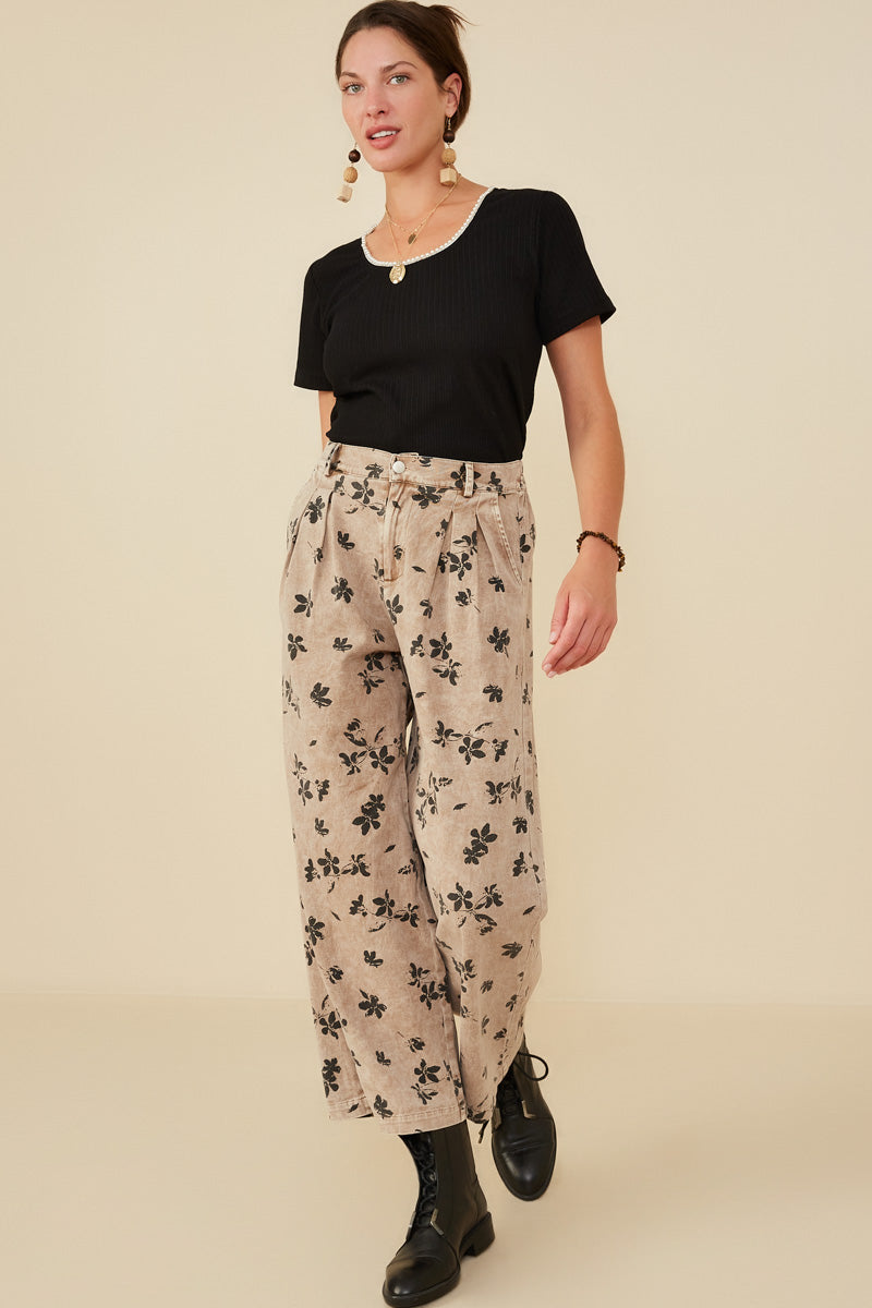 HY8950 Mocha Womens Floral Printed Washed Wide Leg Pants Back