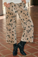 HY8950 Mocha Womens Floral Printed Washed Wide Leg Pants Editorial