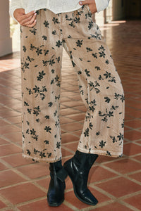 HY8950 Mocha Womens Floral Printed Washed Wide Leg Pants Editorial