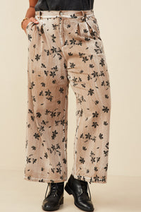 HY8950W Mocha Plus Floral Printed Washed Wide Leg Pants Front