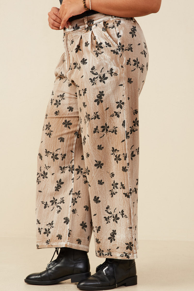 HY8950 Mocha Womens Floral Printed Washed Wide Leg Pants Full Body