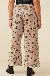 HY8950W Mocha Plus Floral Printed Washed Wide Leg Pants Gif