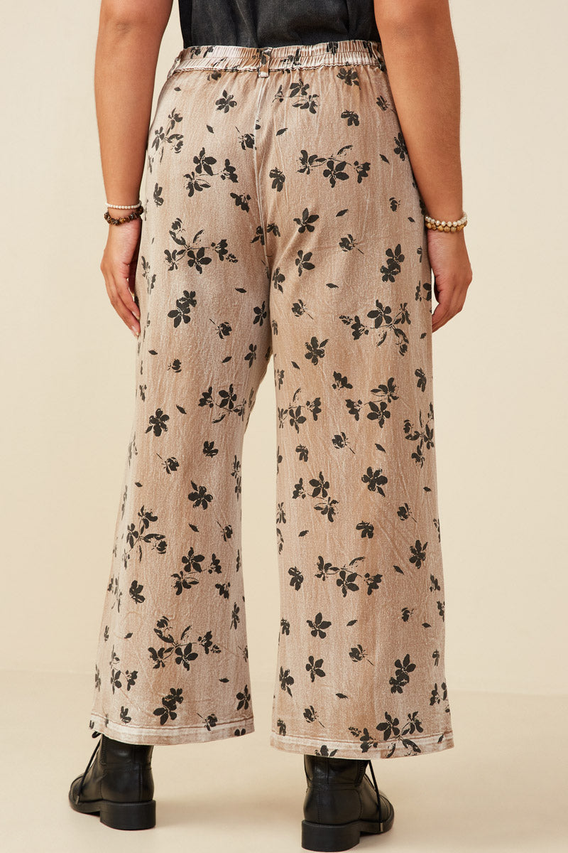 HY8950W Mocha Plus Floral Printed Washed Wide Leg Pants Gif