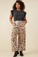 HY8950W Mocha Plus Floral Printed Washed Wide Leg Pants Side