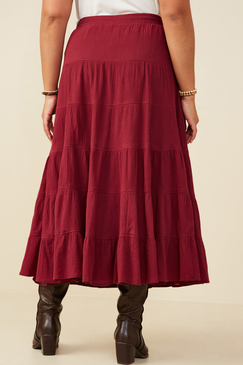 HY8958W Maroon Plus Textured Drawstring Waist Tiered Skirt Gif