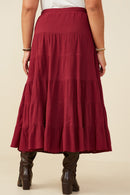 HY8958W Maroon Plus Textured Drawstring Waist Tiered Skirt Gif
