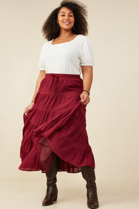 HY8958W Maroon Plus Textured Drawstring Waist Tiered Skirt Side