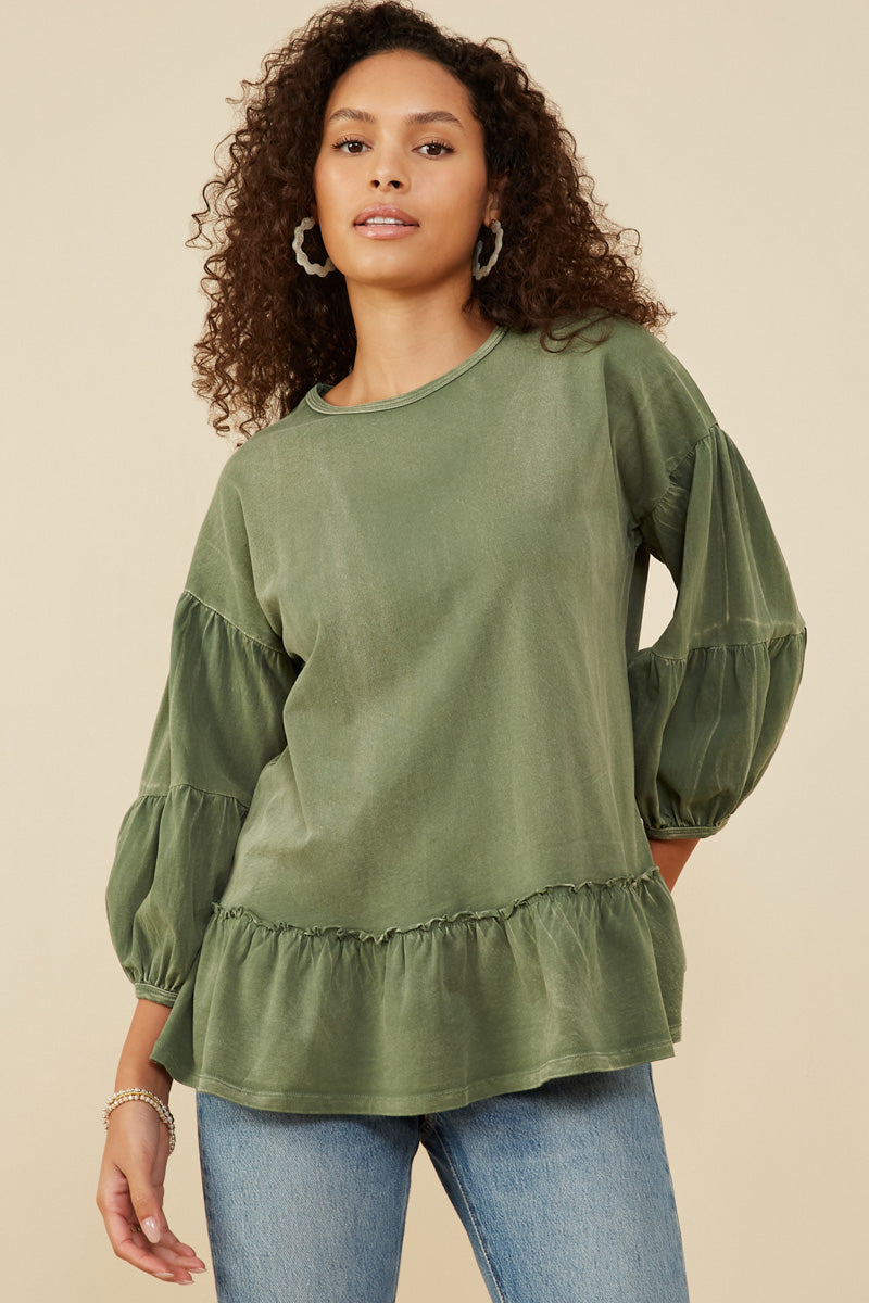 Treatment Washed Puff Sleeve Ruffled Top