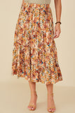HY8974W Taupe Plus Bohemian Floral Elastic Waist Tiered Skirt Front