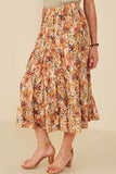 HY8974 Taupe Womens Bohemian Floral Elastic Waist Tiered Skirt Gif
