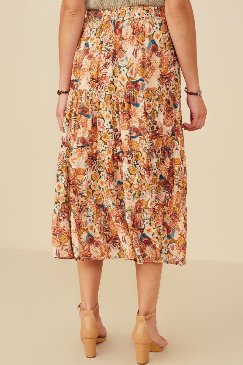 HY8974 Taupe Womens Bohemian Floral Elastic Waist Tiered Skirt Side