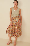 HY8974 Taupe Womens Bohemian Floral Elastic Waist Tiered Skirt Back