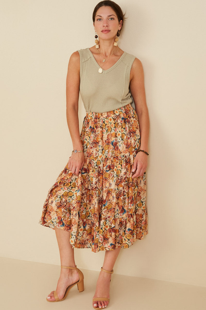HY8974 Taupe Womens Bohemian Floral Elastic Waist Tiered Skirt Back