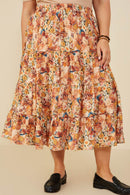 HY8974 Taupe Womens Bohemian Floral Elastic Waist Tiered Skirt Front