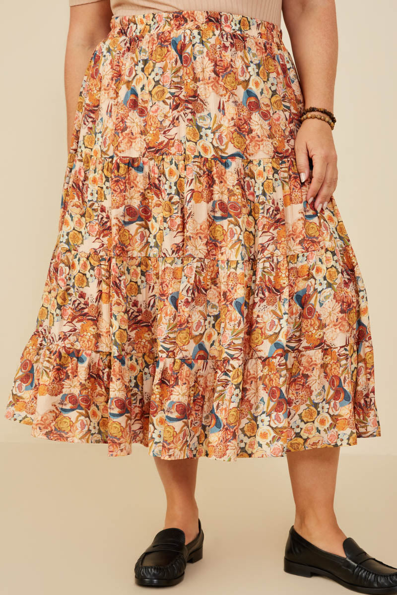 Bohemian Floral Elastic Waist Tiered Skirt