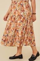 HY8974 Taupe Womens Bohemian Floral Elastic Waist Tiered Skirt Full Body