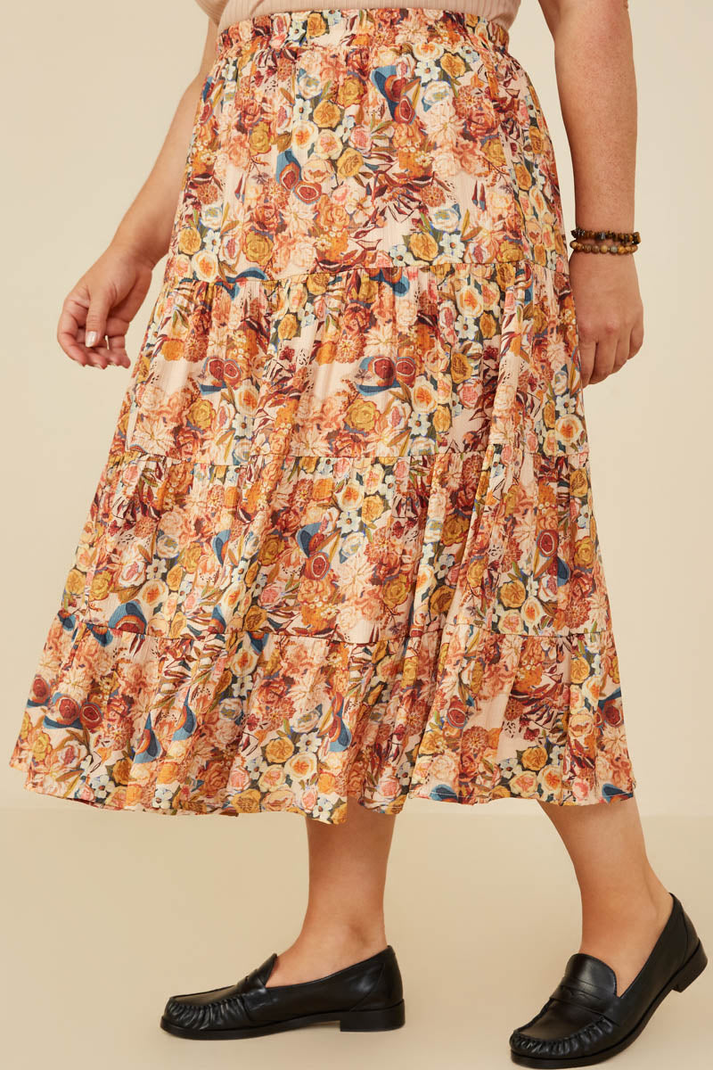 HY8974 Taupe Womens Bohemian Floral Elastic Waist Tiered Skirt Full Body