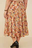 HY8974W Taupe Plus Bohemian Floral Elastic Waist Tiered Skirt Gif