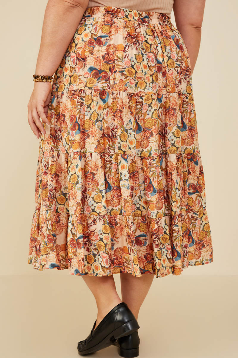 HY8974W Taupe Plus Bohemian Floral Elastic Waist Tiered Skirt Gif