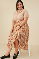 HY8974W Taupe Plus Bohemian Floral Elastic Waist Tiered Skirt Side