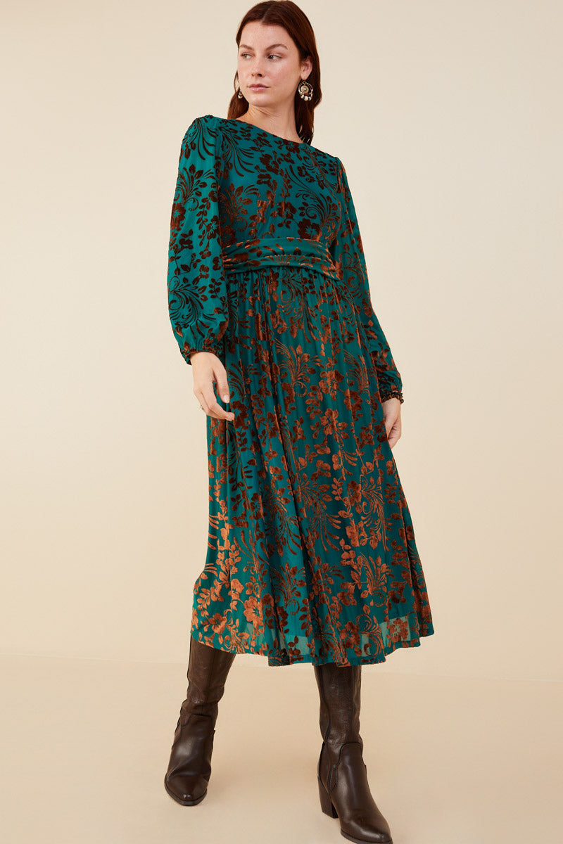 Sash Detail Floral Velvet Dress for Women| Boho Inspired Inclusive Outfits Teal / 2XL Teal *Women's Dresses Cocktail Dresses Hayden Los Angeles