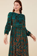 HY8980 Teal Womens Burnout Floral Sash Detail Velvet Dress Gif